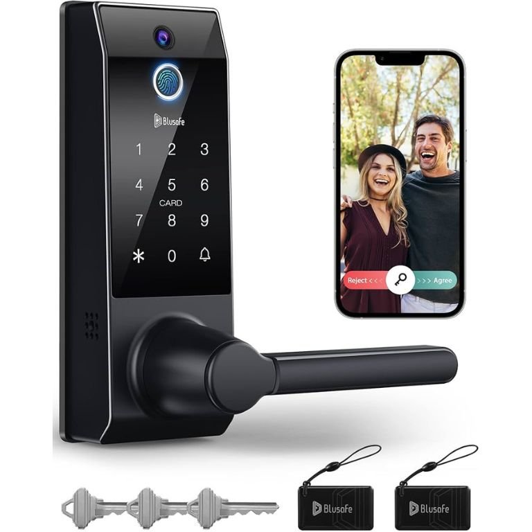 Keyless Smart Lock, 3-in-1 Camera+Doorbell+Fingerprint, WiFi with Handle, App Control, Auto Lock, Weatherproof